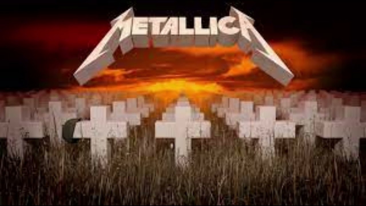 The image depicts the official album cover art for Metallica's 'Master of Puppets,' featuring the band's logo in metallic lettering against a dark background with a fiery orange-red sky; below it, a field of white crosses tethered by strings to unseen hands, symbolizing control and war themes, with grass and a horizon glow.