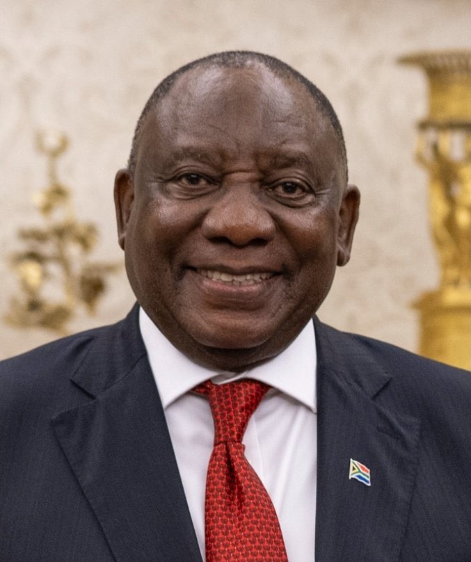 A formal portrait of a middle-aged Black man in a dark suit, white shirt, red patterned tie, and South African flag pin, smiling slightly against a beige background with gold decorative elements like vases and candelabras, suggesting an official setting such as the Union Buildings.