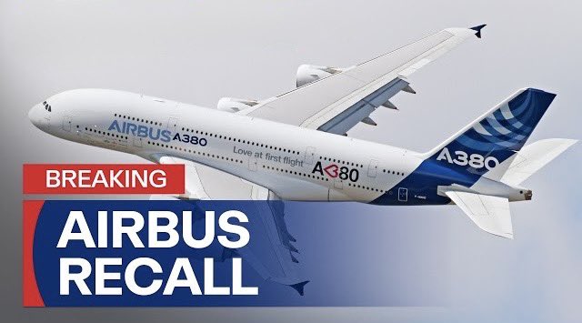 A wide-body Airbus A380 aircraft in white and blue livery flying against a cloudy sky, with overlaid red and blue breaking news graphics including bold text 'BREAKING' and 'AIRBUS RECALL' in large fonts, positioned at the top and bottom of the image.