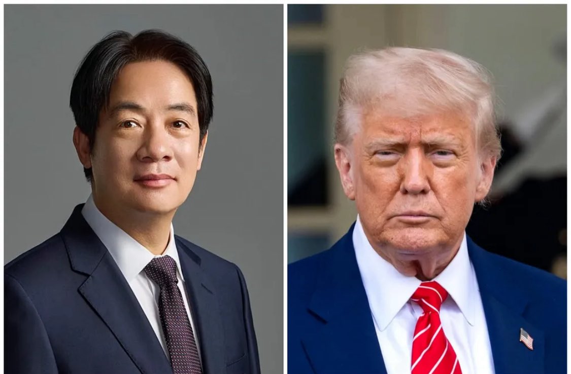 Side-by-side portrait photos: on the left, a man in a dark blue suit with a patterned tie (identified as Taiwan President Lai Ching-te) against a gray background; on the right, Donald Trump in a blue suit with a red tie and American flag pin, against a light outdoor background resembling the White House.