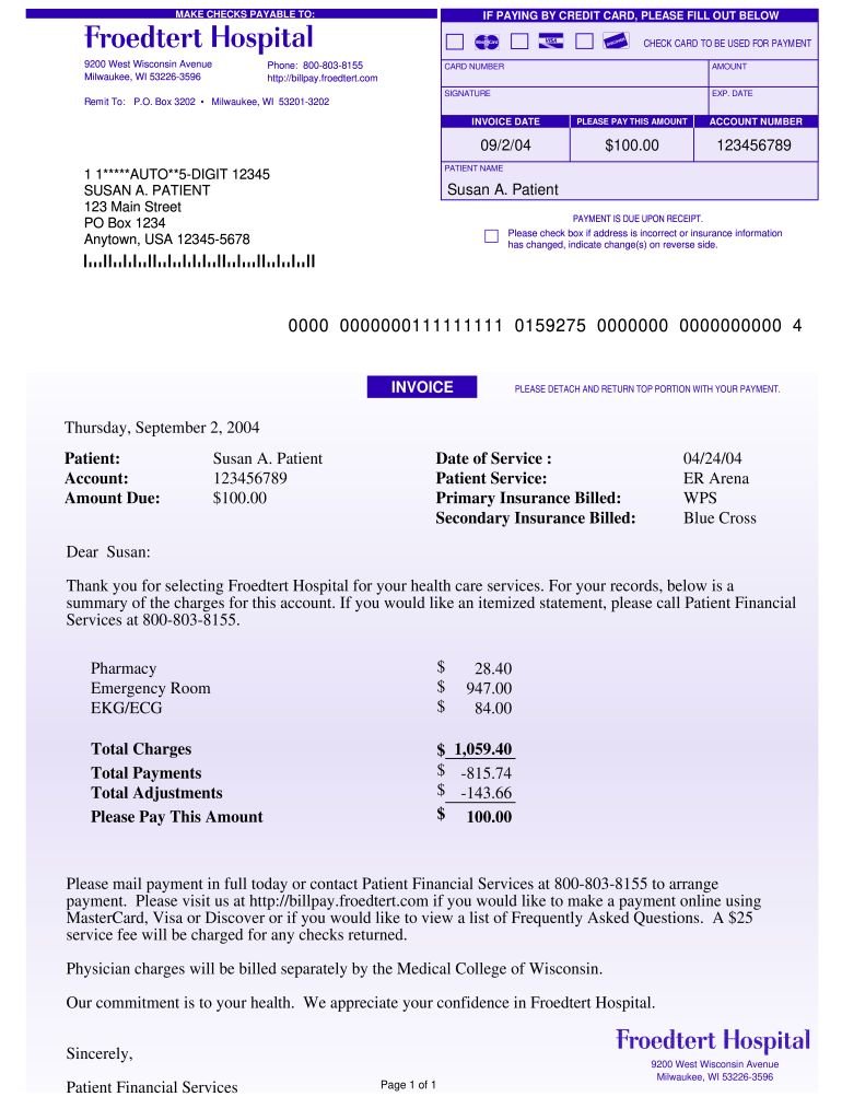 The image is a screenshot or scan of a two-page hospital invoice from Froedtert Hospital in Milwaukee, WI, addressed to patient Susan A. Patient. It includes billing details, payment instructions, charge summaries for services like pharmacy, emergency room, and EKG/ECG, with a total due of $100.00 dated September 2, 2004, and references to insurance from ER Arena and Blue Cross.