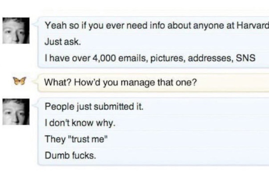 A screenshot of an old AOL Instant Messenger (AIM) chat interface from the early 2000s, featuring two profile pictures: one of a young Mark Zuckerberg on the left and an unidentified friend on the right. The chat bubbles display the conversation where Zuckerberg offers access to collected user data and mocks their trust, with a butterfly emoji next to the friend's message.