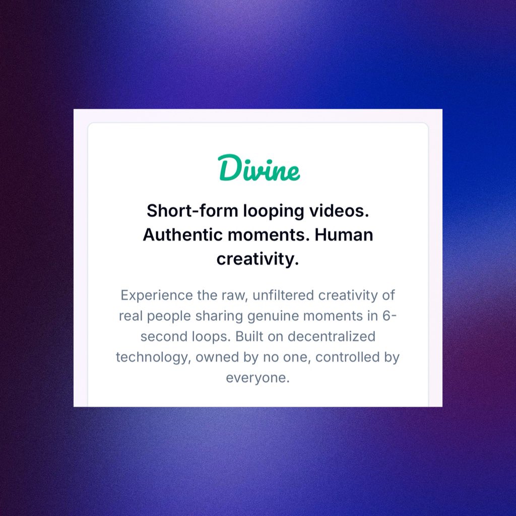 A blue gradient background with a white rectangular card featuring the green 'diVine' logo at the top, followed by promotional text describing the app's features; clean, modern design typical of app landing pages.