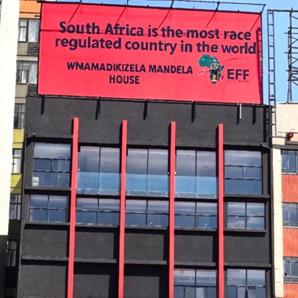 A photograph of a modern multi-story building with black and red framing, featuring a large red banner across the upper facade. The banner includes bold white text stating 'South Africa is the most race regulated country in the world' and 'WNMAMADIKIZELA MANDELA HOUSE' (likely 'Winnie Madikizela-Mandela House'), along with the EFF party logo (a green continent of Africa with a red star) and the EFF acronym. Surrounding buildings in urban setting with colorful facades visible.